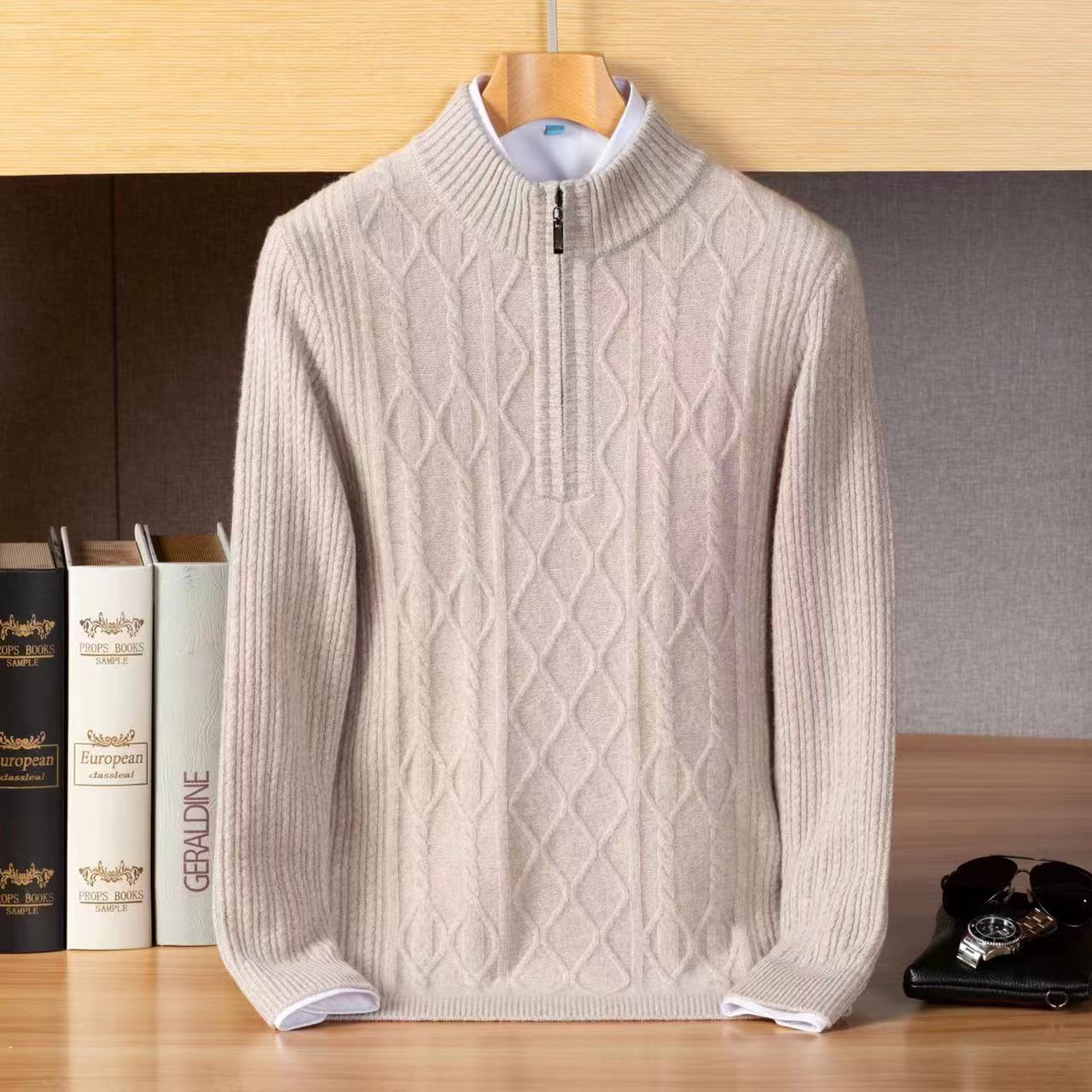 半拉链立体钩花加厚100羊毛纯色休闲男士羊毛衫