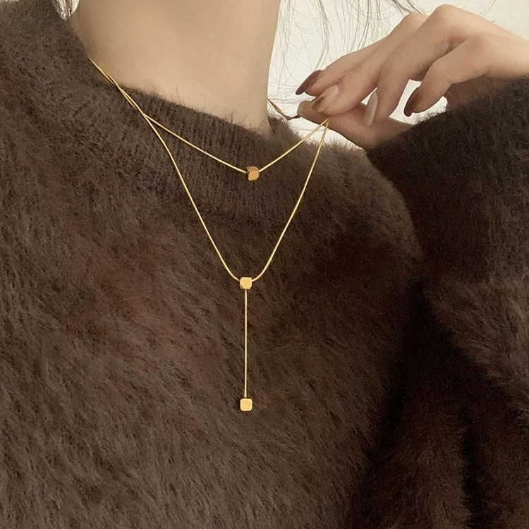 钛钢项链 轻奢小众双层方块项链女高级感长款毛衣链2024新款爆款 