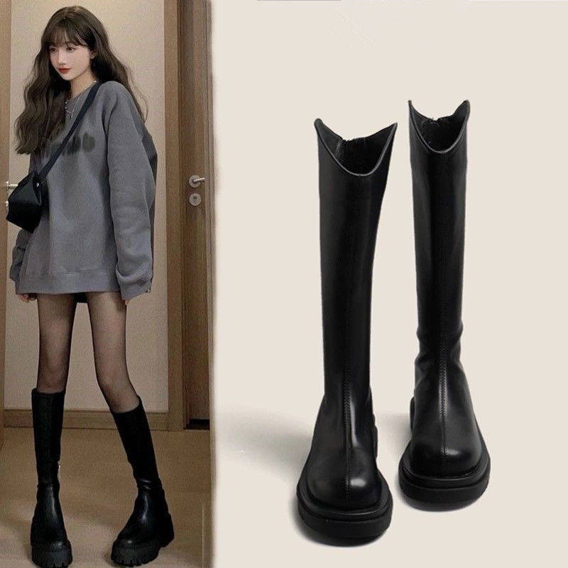 长筒靴女2023春秋新款韩版百搭高筒靴后拉链瘦瘦靴不过膝中筒靴子