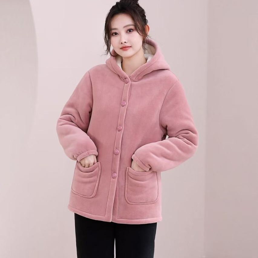 单件上衣连帽款海豚绒三层加厚保暖女士连帽家居服