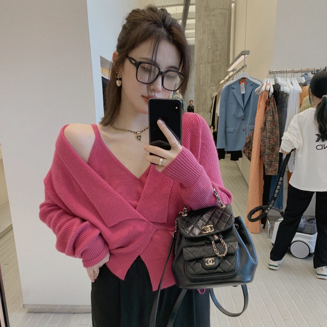 ASM ANNA◆甜桃朗姆衫~设计感假两件V领吊带上衣春款针织开衫A3190