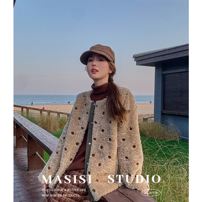 【宠粉回馈】马西西微胖mm羊羔毛波点撞色外套女冬大码宽松显瘦上衣