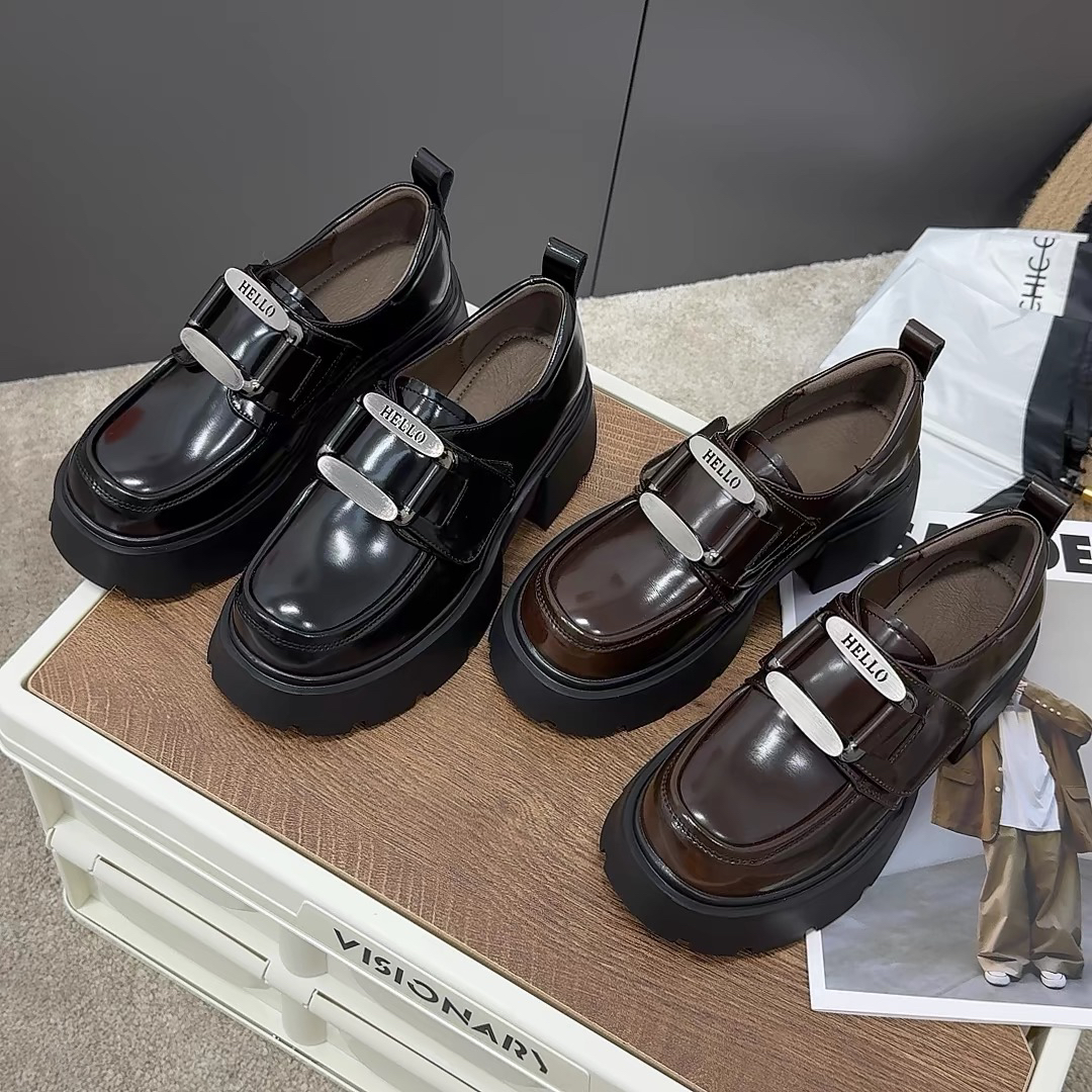 8881 真皮复古乐福鞋2024春季新款女鞋英伦风魔术贴小个子跟高6cm