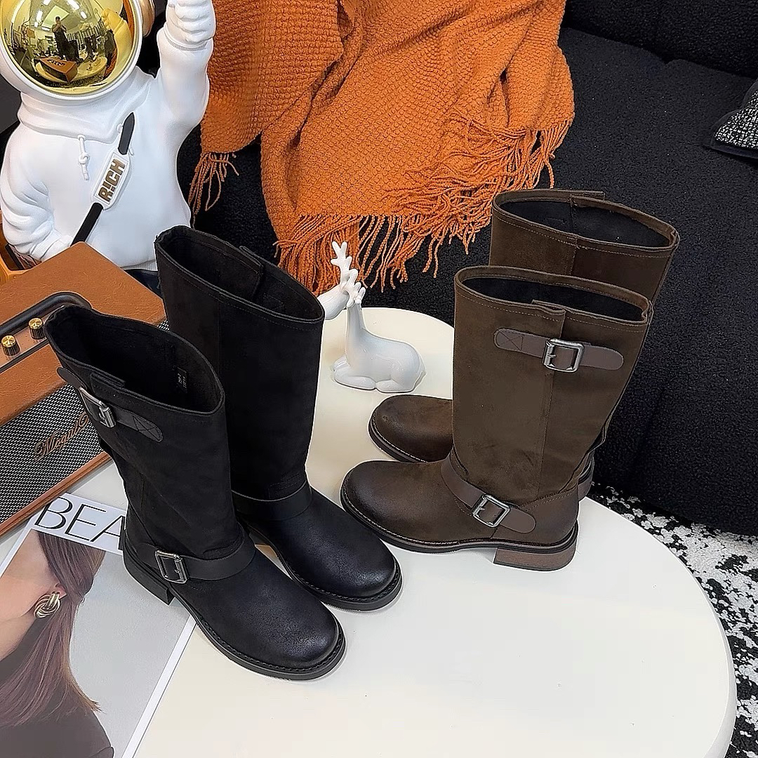 759-7法式皮带扣马丁靴中跟粗跟长靴秋冬女靴