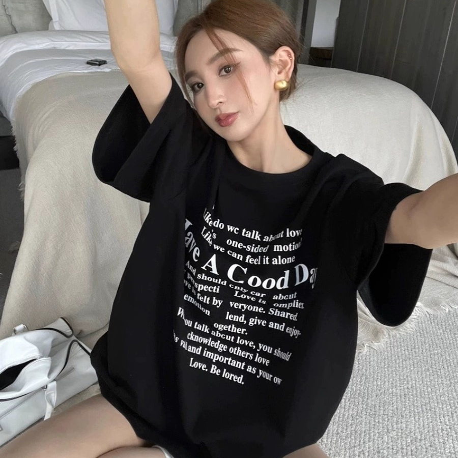 美式辣妹黑色纯棉休闲短袖T恤女大码胖mm宽松慵懒风中长款上衣