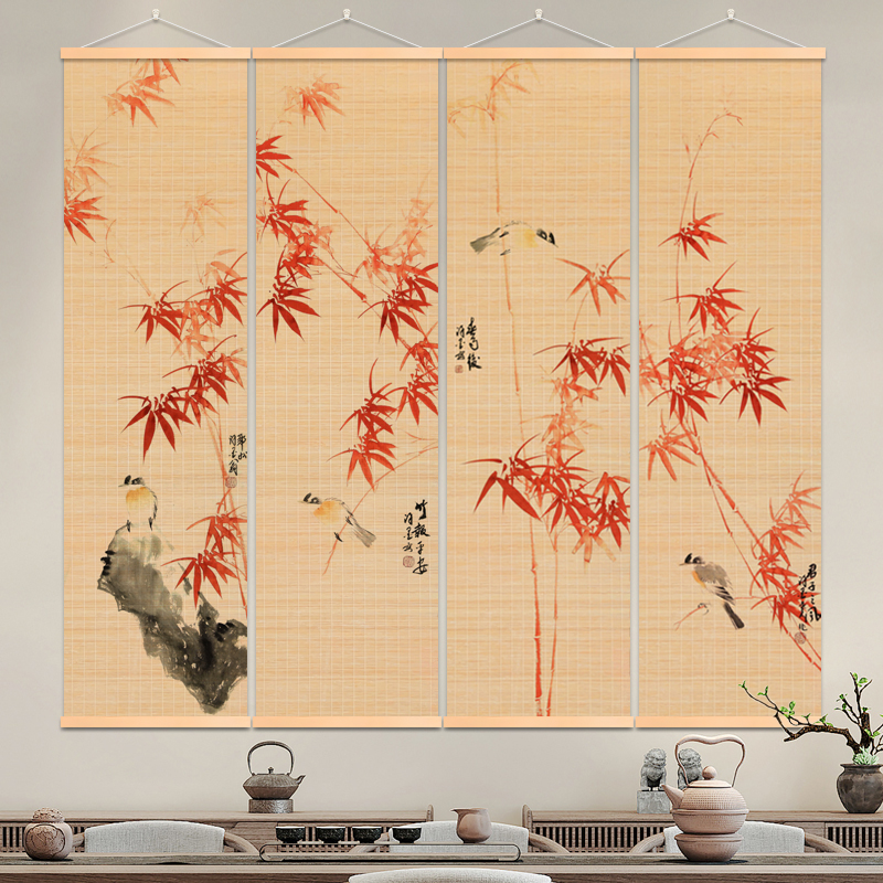 茶室书房背景竹制品挂画竹帘挂画竹编画新中式玄关客厅卧室过道