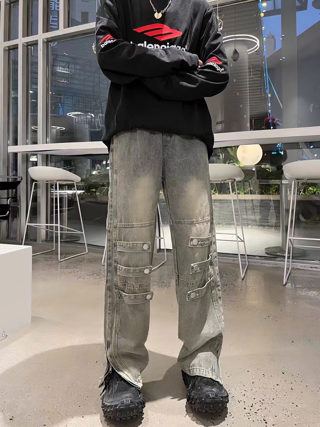 男生直筒裤潮牌宽松简约百搭水洗做旧工艺抽绳松紧腰牛仔裤休闲裤