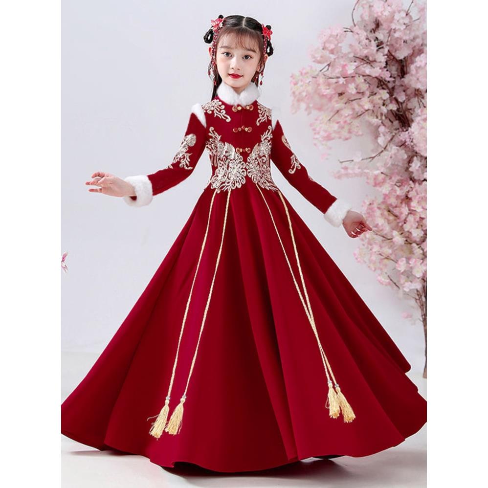 吧啦童装汉服女童冬装连衣裙中国风新年儿童古装裙子冬季加绒拜年
