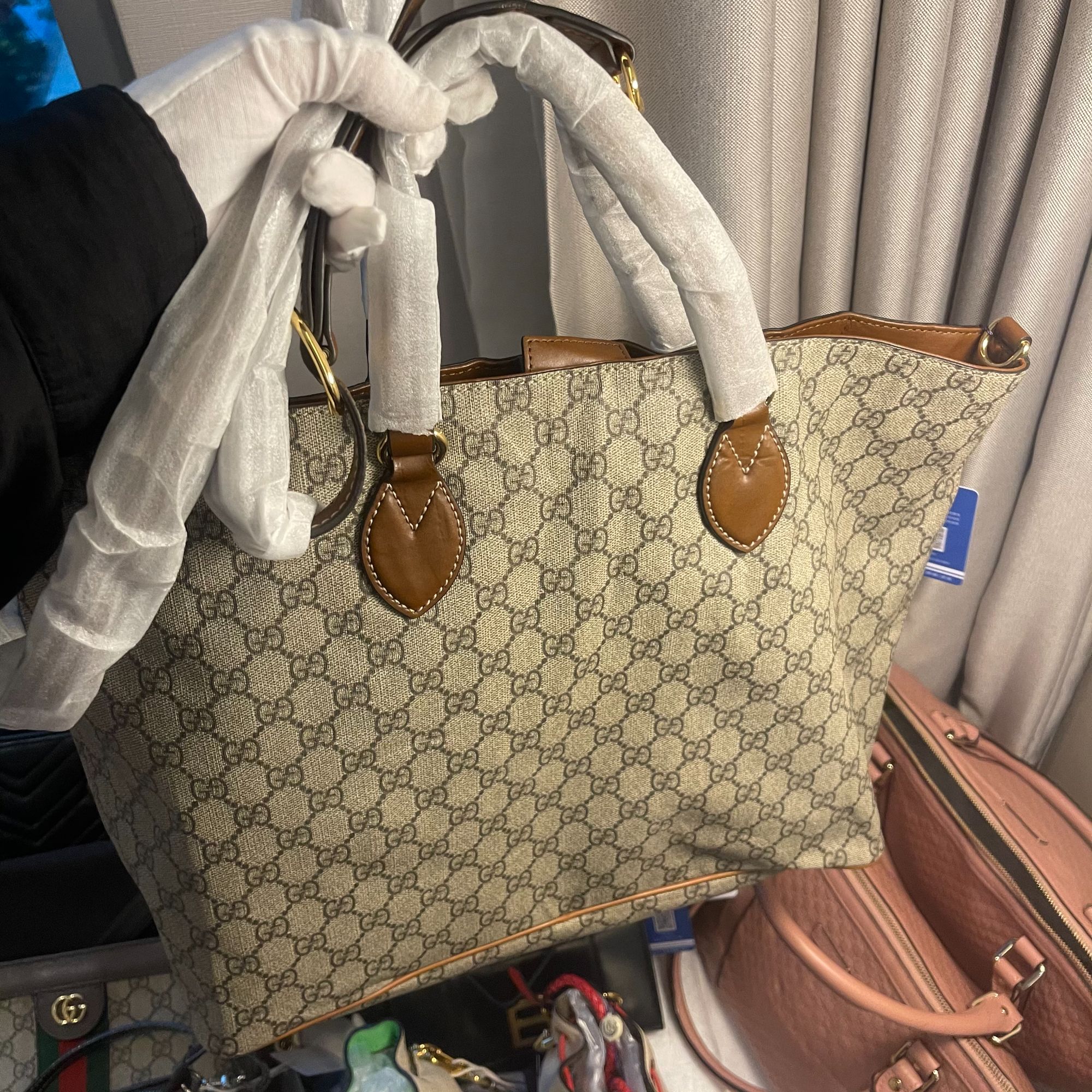 95新 GUCCI/古驰 棕手柄肩带老花托特手提单肩斜跨包/甜甜在包展