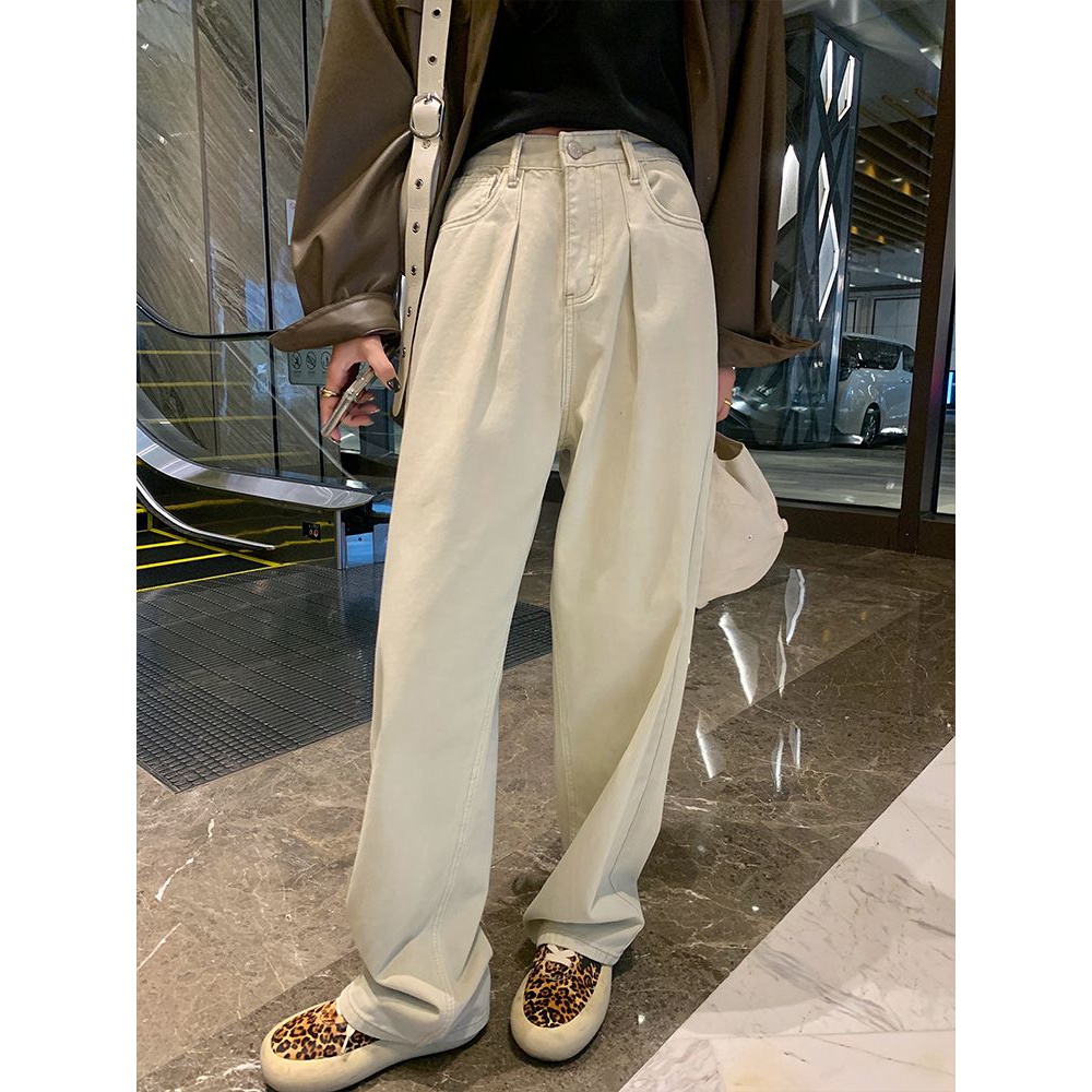 2023春秋季新款米色牛仔裤女韩版高腰直筒宽松显瘦阔腿拖地长裤子