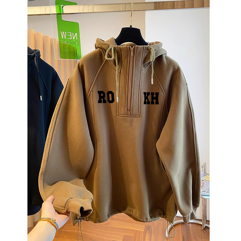 200斤大码胖妹妹重工半拉链加绒加厚连帽卫衣外套女秋冬宽松上衣