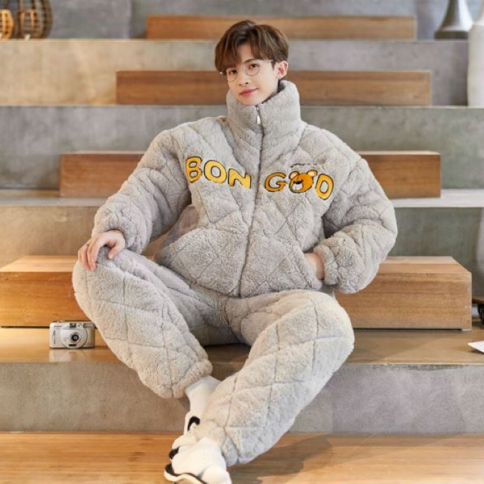 男士睡衣冬季三层夹棉加绒加厚保暖时尚立领家居服可外穿2323