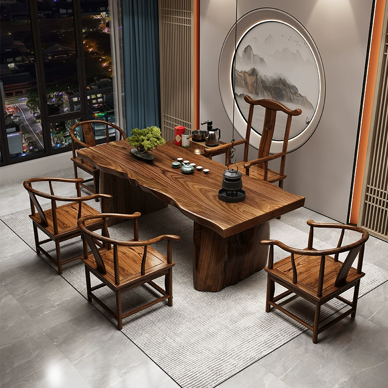 原木实木大板茶桌茶台组合整板泡茶几新中式家用办公室茶几茶具套