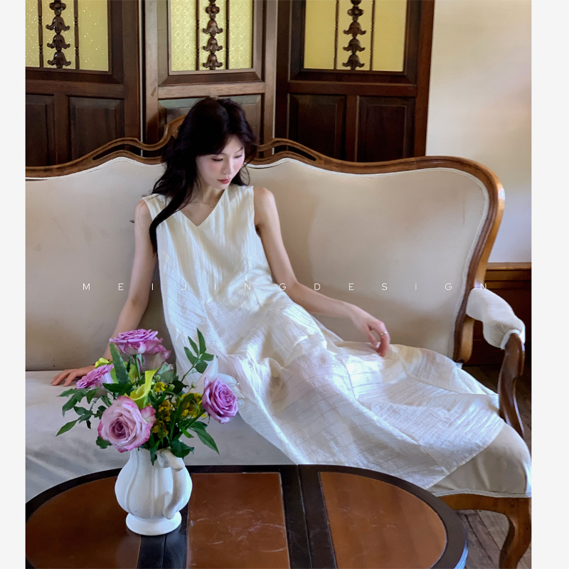 美静【湖光水色】米色/粉色天丝连衣裙XMZH3844