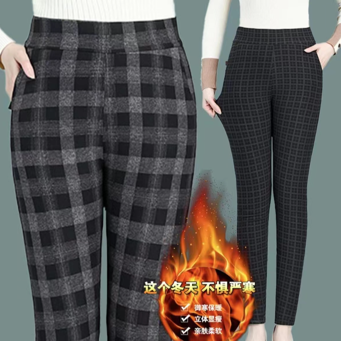 新款中老年女士棉裤秋冬季加绒加厚高腰妈妈保暖裤女外穿格子裤子商品图