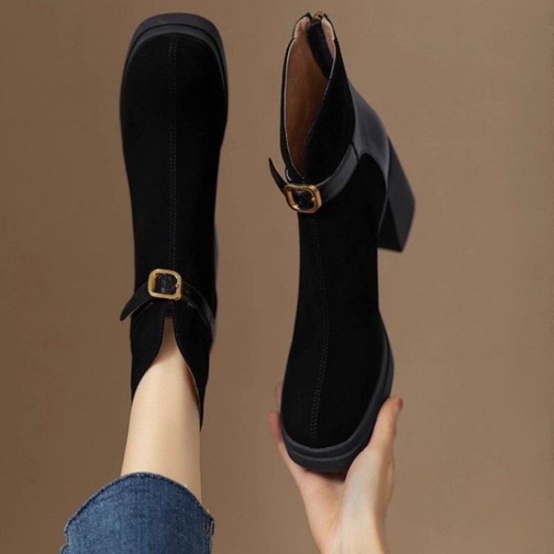 春秋靴子短筒中跟2023新款百搭时尚女鞋冬季新款女鞋皮靴