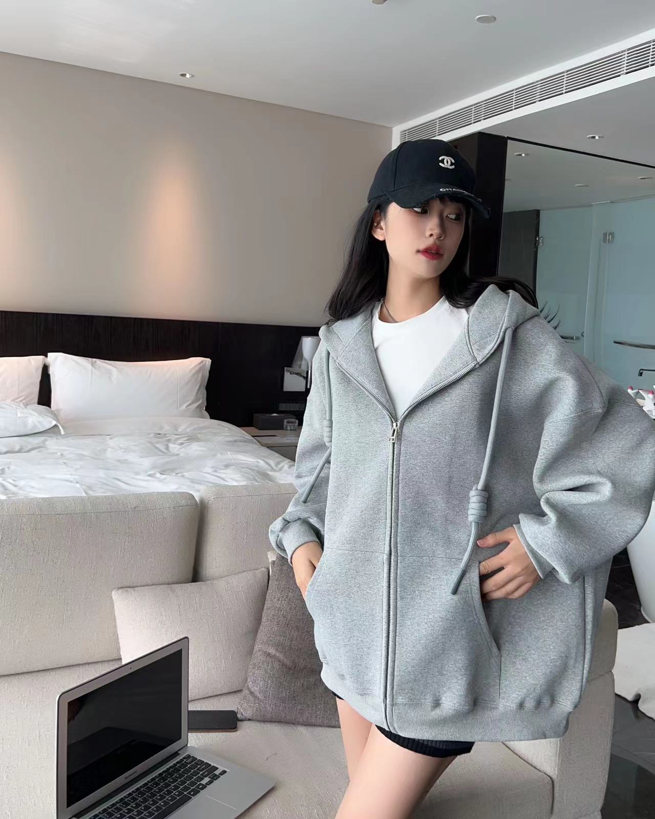 【火箭炮】春秋款重磅1000g中长款韩版净版连帽开衫宽松百搭外套203