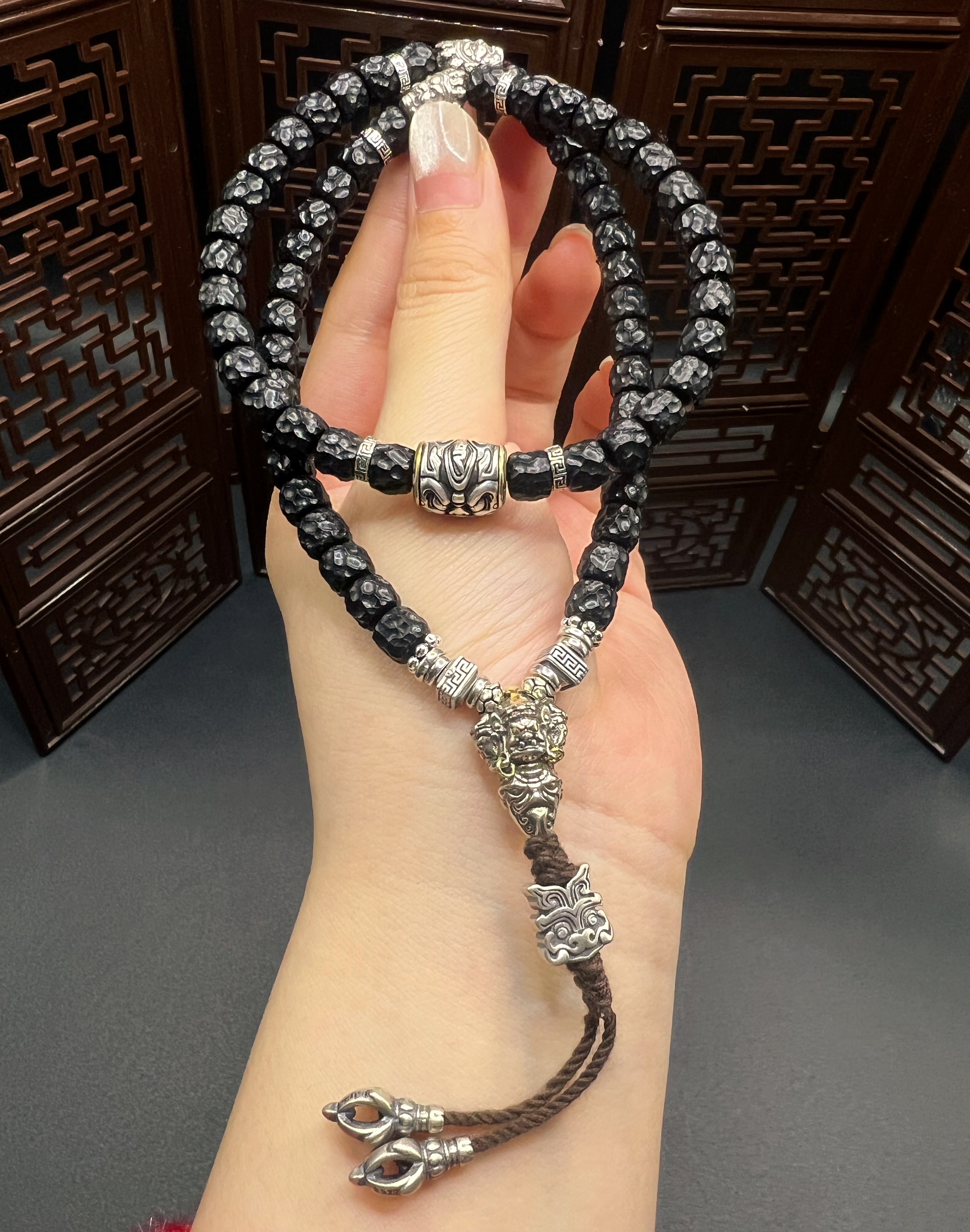 925银银制品 S925银 原创 雕刻无相椰蒂搭配藏式大黑天满配手串