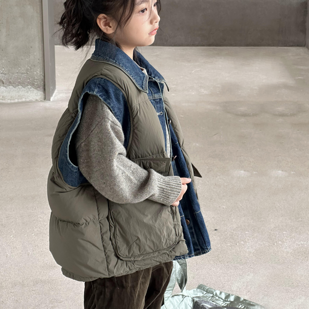 女童羽绒马甲秋冬款2023新款儿童拼接牛仔加厚保暖女大童冬季外套