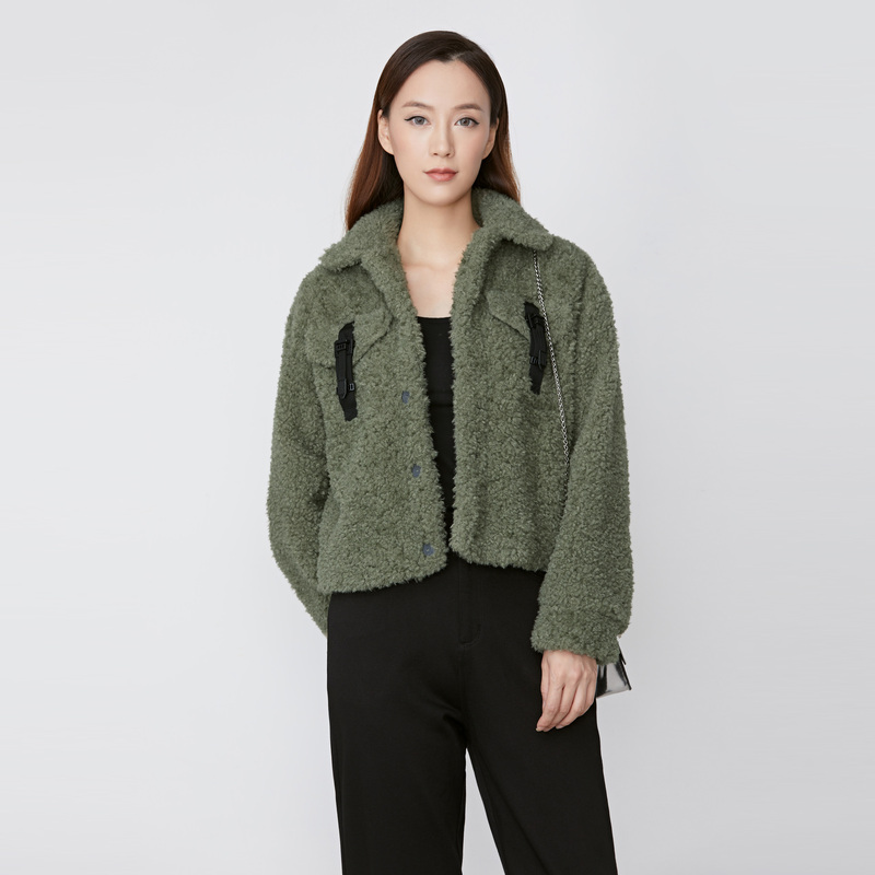 【粉丝专享】圣迪奥休闲百搭翻领拼接仿羊羔毛短款外套S21462211