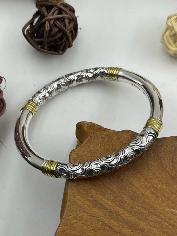 足银手镯 精工祥云四环嵌金手镯时尚经典高端大气实心手工情侣款