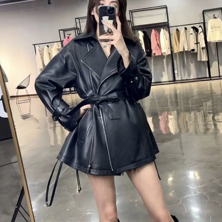 新款真皮绵羊皮欧货拉链西装机车长款外套韩版宽松显瘦皮衣