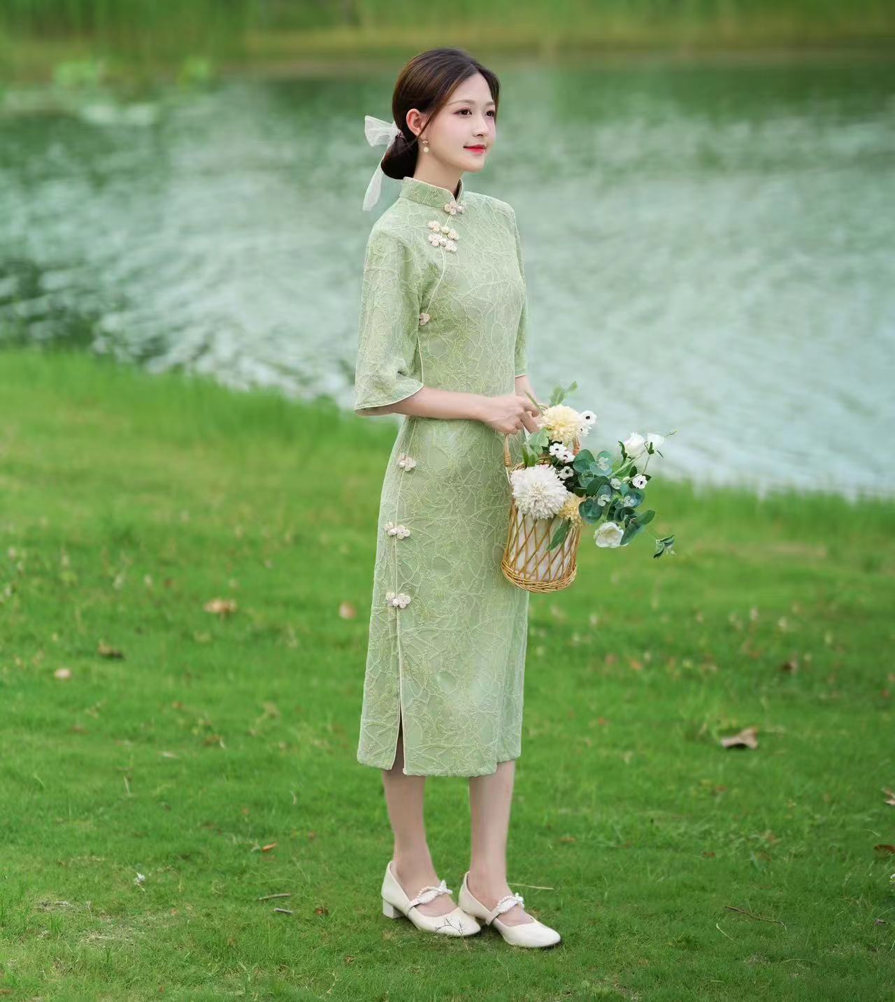 【1097绿色倒大袖侧8扣提花】网红单层气质百搭款淑女显瘦旗袍