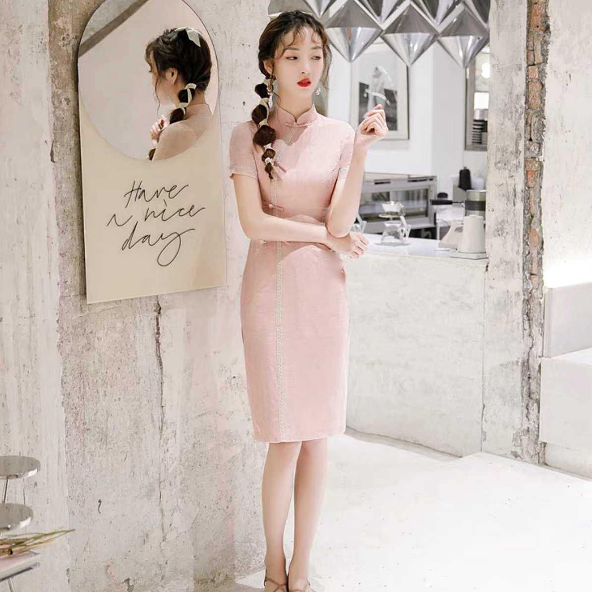 【1150复古手工扣粉色】显瘦气质修身优雅印花复古中国风旗袍