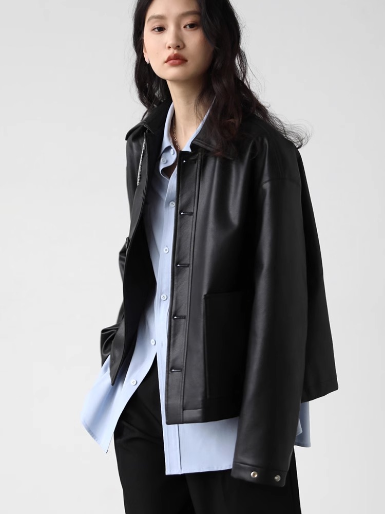 2025新款复古休闲超酷机车服短款小个子宽松翻领PU皮衣外套女