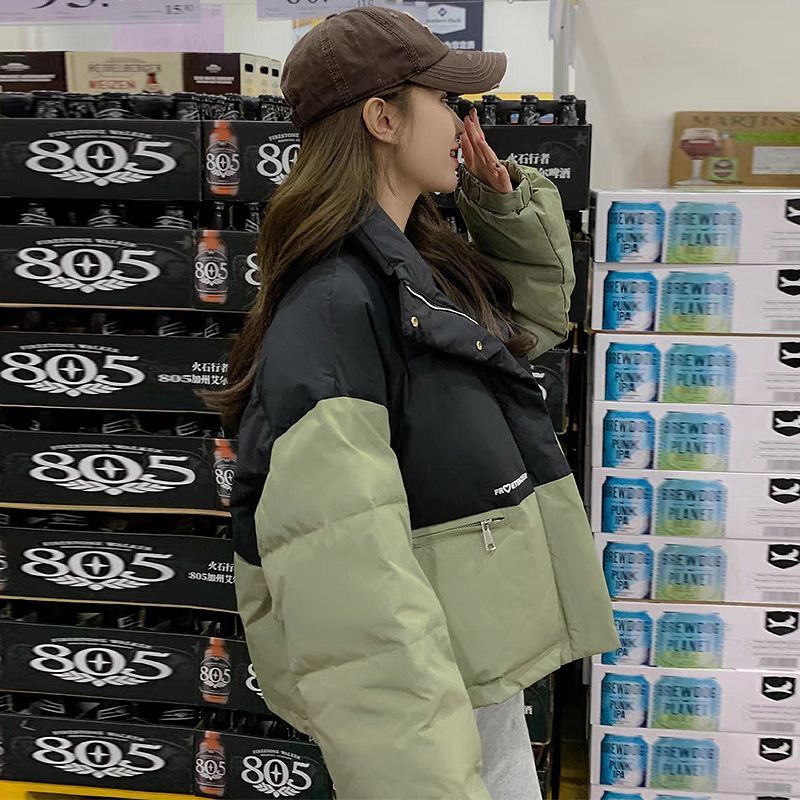 小个子冬季外套女短款加厚羽绒棉新款撞色设计感棉服上衣
