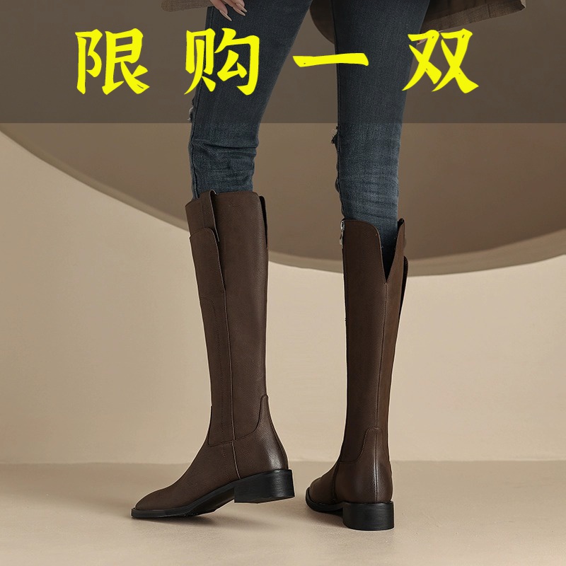 千寻宜沿荐真皮粗跟骑士长靴过膝长筒女鞋2024秋冬季复古鞋
