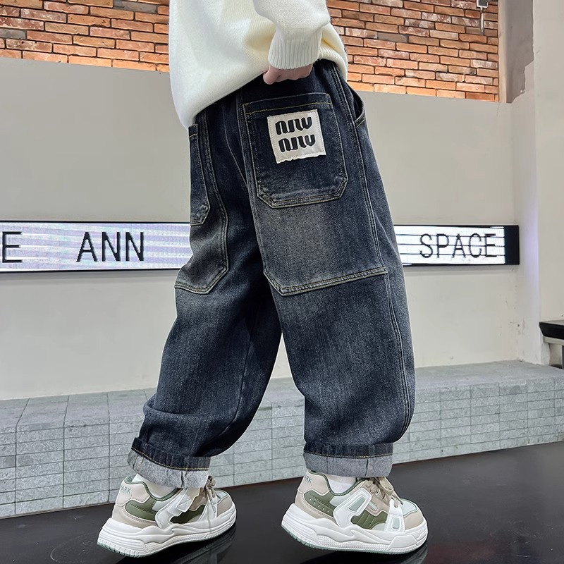 童装牛仔裤秋冬新款潮牌拼接韩版大童宽松牛仔裤洋气