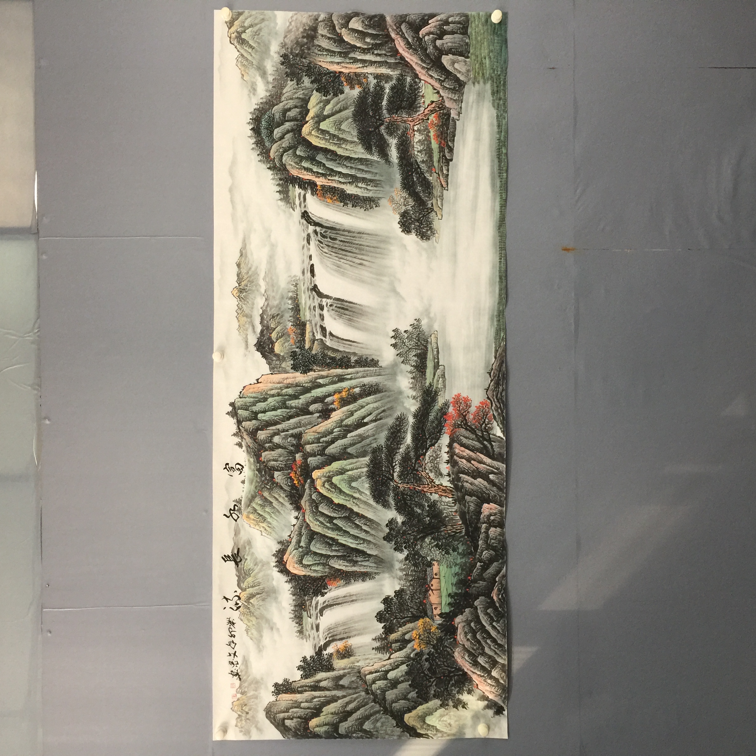 张文忠纯手绘山水国画横幅小八尺富水长流客厅大厅公司背景装饰画