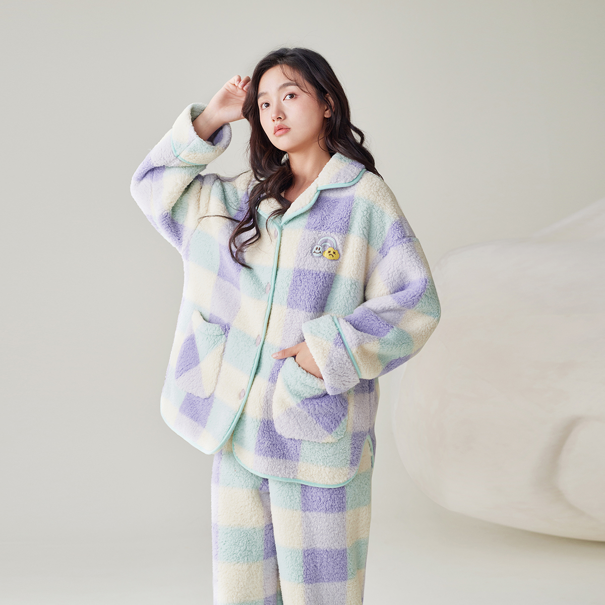 安之伴【保暖北羔绒】格子睡衣女秋冬季可爱家居服套装82441321981
