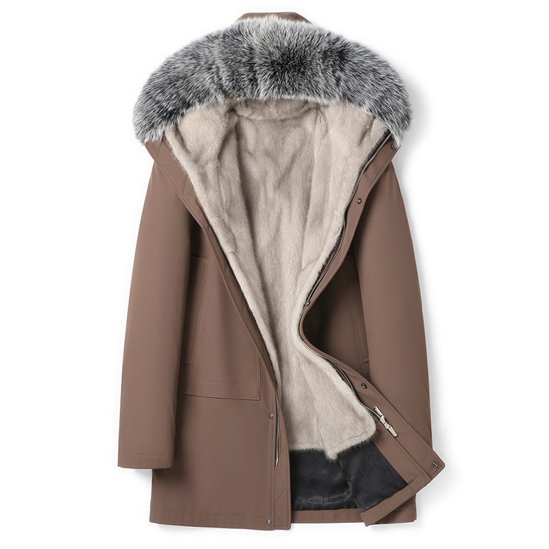 派克服男银蓝整貂水貂内胆连帽中长款貂皮大衣厚皮草外套2024新款