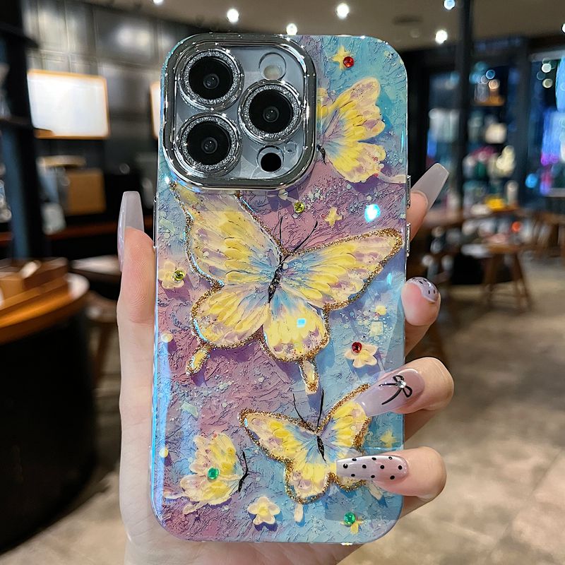 适用苹果系列iPhone15新款手机壳中国风复古创意紫底黄蝴蝶防摔