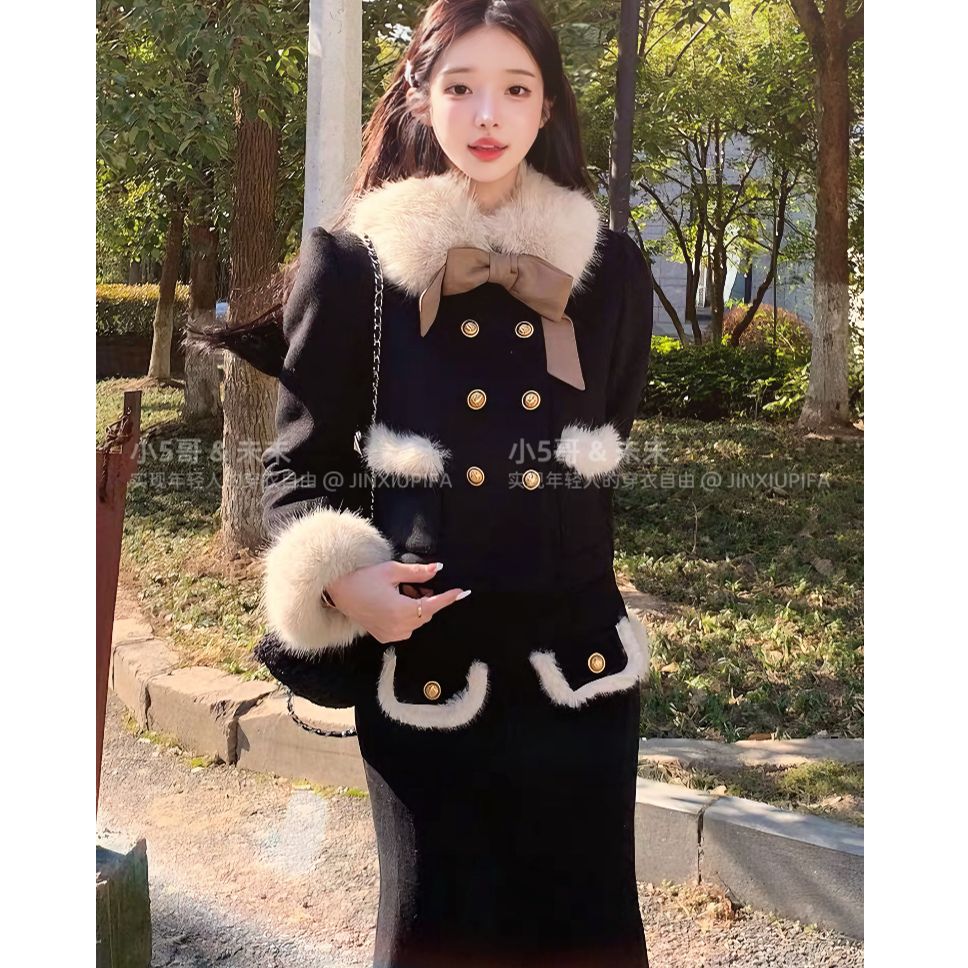 6885【千金小姐】三件套~小香风财阀加厚百搭毛呢套装潮