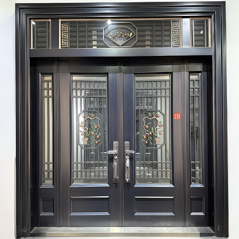 158号锌合金材质自建房大门玻璃拼接入户+四开子母门别墅大门