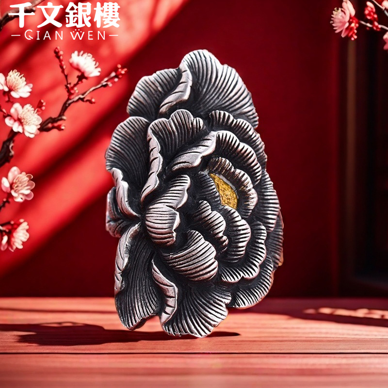 足银戒指 双12爆款纯手工牡丹戒指宽面复古个性开口可调节指环