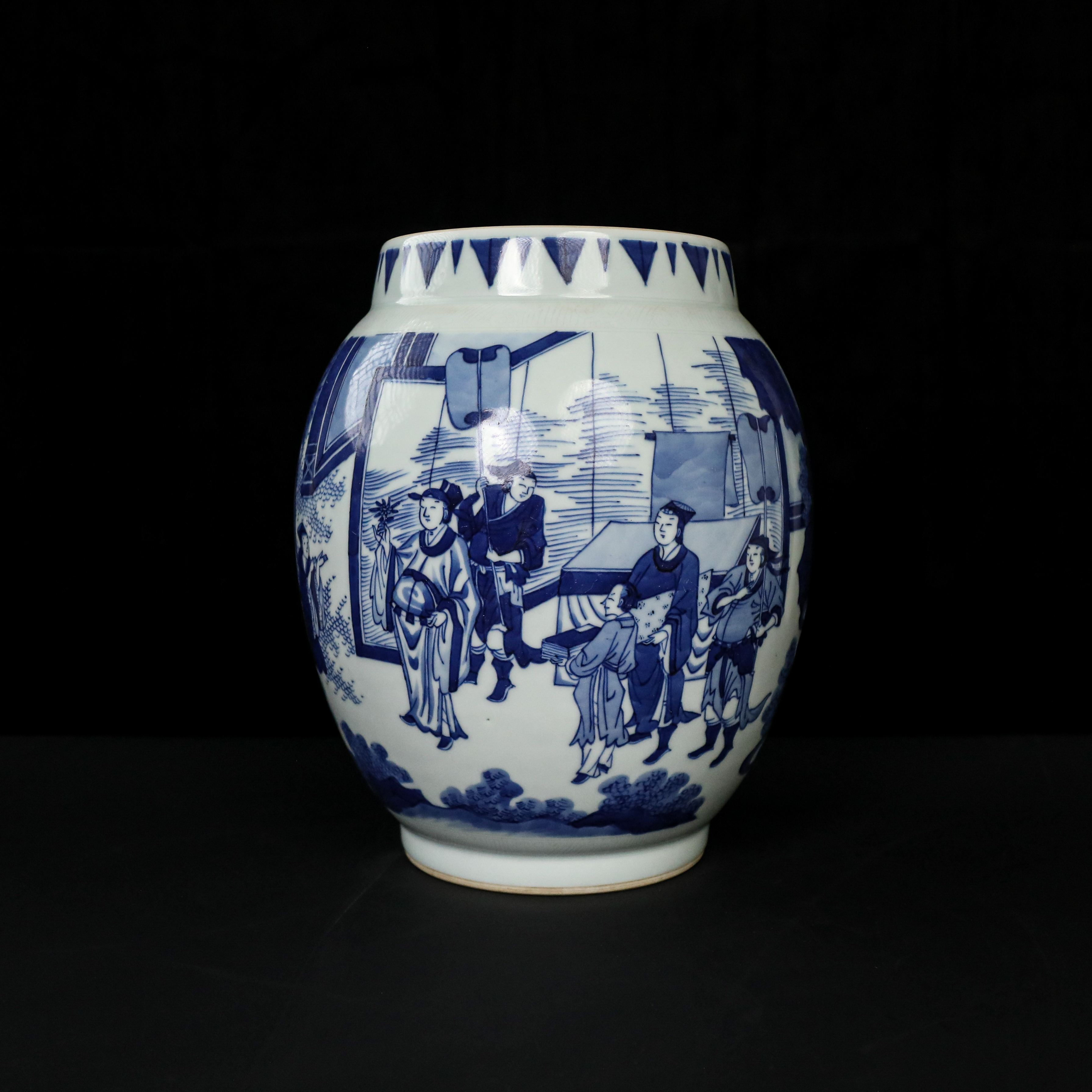 (AB3)8Q072803清早期青花人物故事纹莲子罐 古玩瓷器/古瓷器