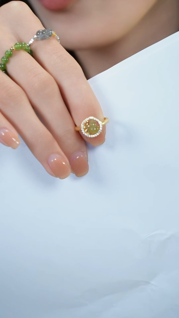 【闪购商品】和田玉戒指银S925镀金镶嵌和田玉设计款戒指