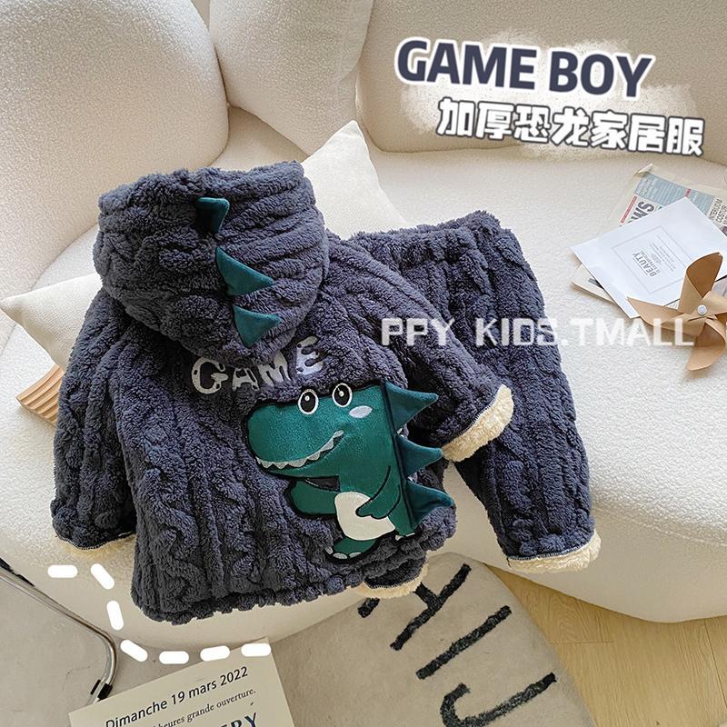 宝宝珊瑚绒睡衣儿童家居服卡通三层加厚男童保暖冬装法兰绒两件套