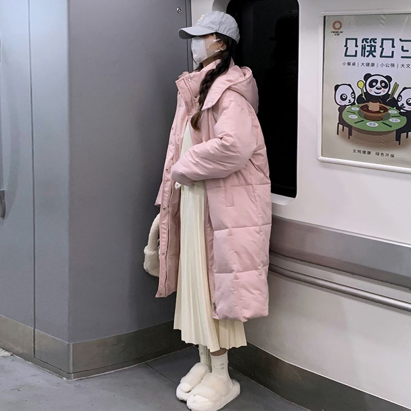 2023粉色羽绒服女冬季新款加厚保暖中长款过膝连帽外