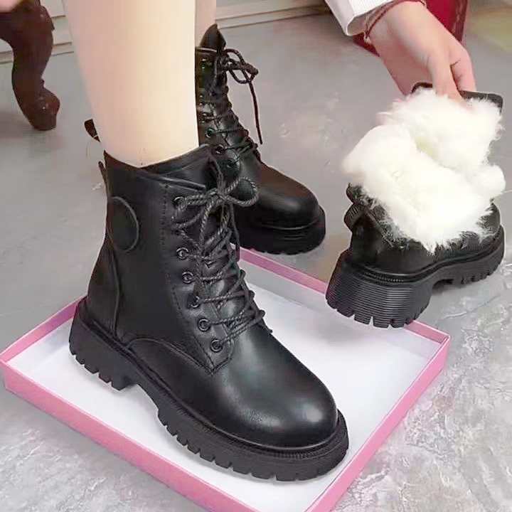 2024秋冬新款软皮马丁靴女大棉一体厚底雪地靴女英伦风短靴女单靴