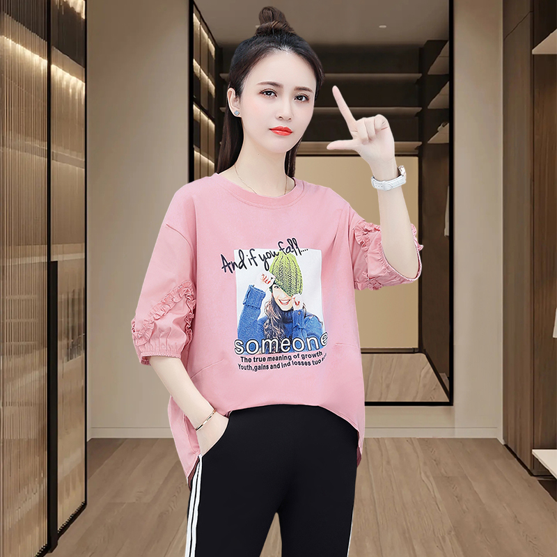 网红拼接短袖t恤女夏季爆款2024新款韩版宽松印花百搭半袖上衣服