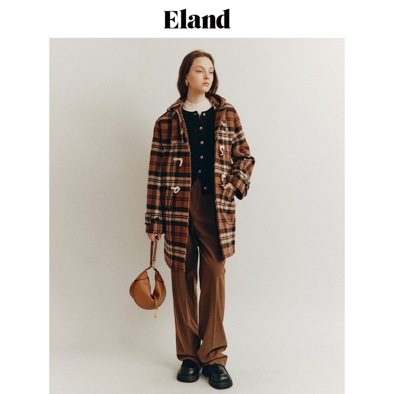 Eland衣恋毛呢外套女格子双面呢子牛角扣设计初秋外套EEJWD4TY04