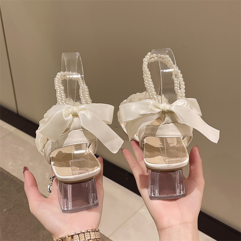 网纱高跟鞋女夏季2023年新款中粗跟水晶法式仙女珍珠罗马凉鞋ins