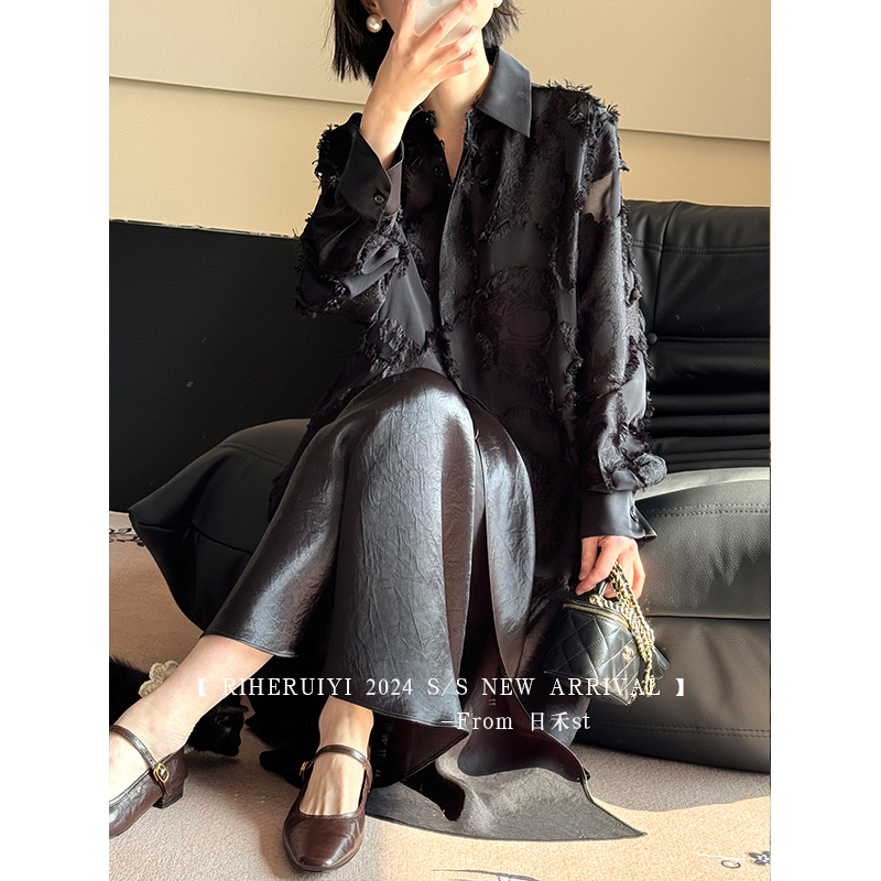 【清】 宽松版 黑色剪花桑蚕丝衬衫 8229