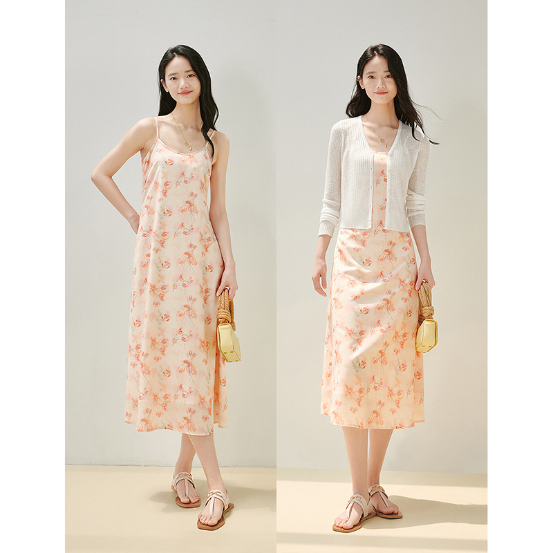 茵曼2024夏季新款女连衣裙长裙吊带裙吊带风度假休闲印花收腰时尚