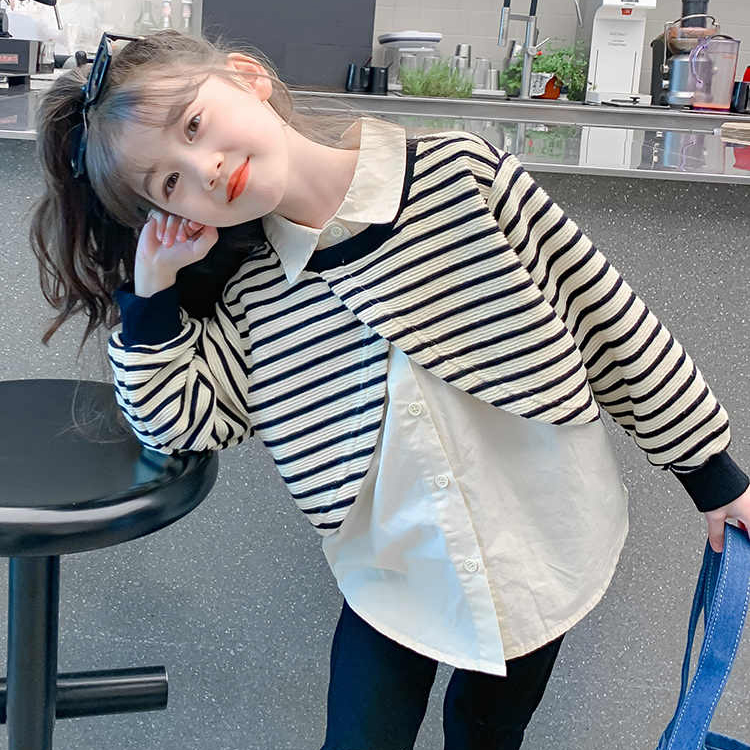女童衬衫春装2025新款宝宝洋气条纹长袖假两件上衣儿童翻领衬衣潮